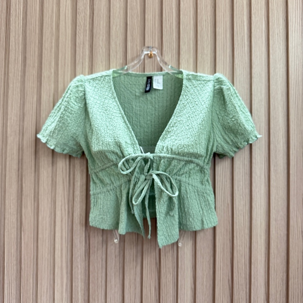 H&M Light Green Textured Blouse with Tie-Front